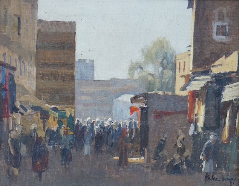 Continental oil on canvas, Busy market scene, indistinctly signed and dated '81, gilt framed, 19 x 24cm. Condition - good